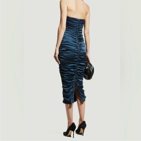 Veronica Beard "Kupa" ruched strapless midi dress luxe silk Petrol 8 NWT $648 - Picture 2 of 5